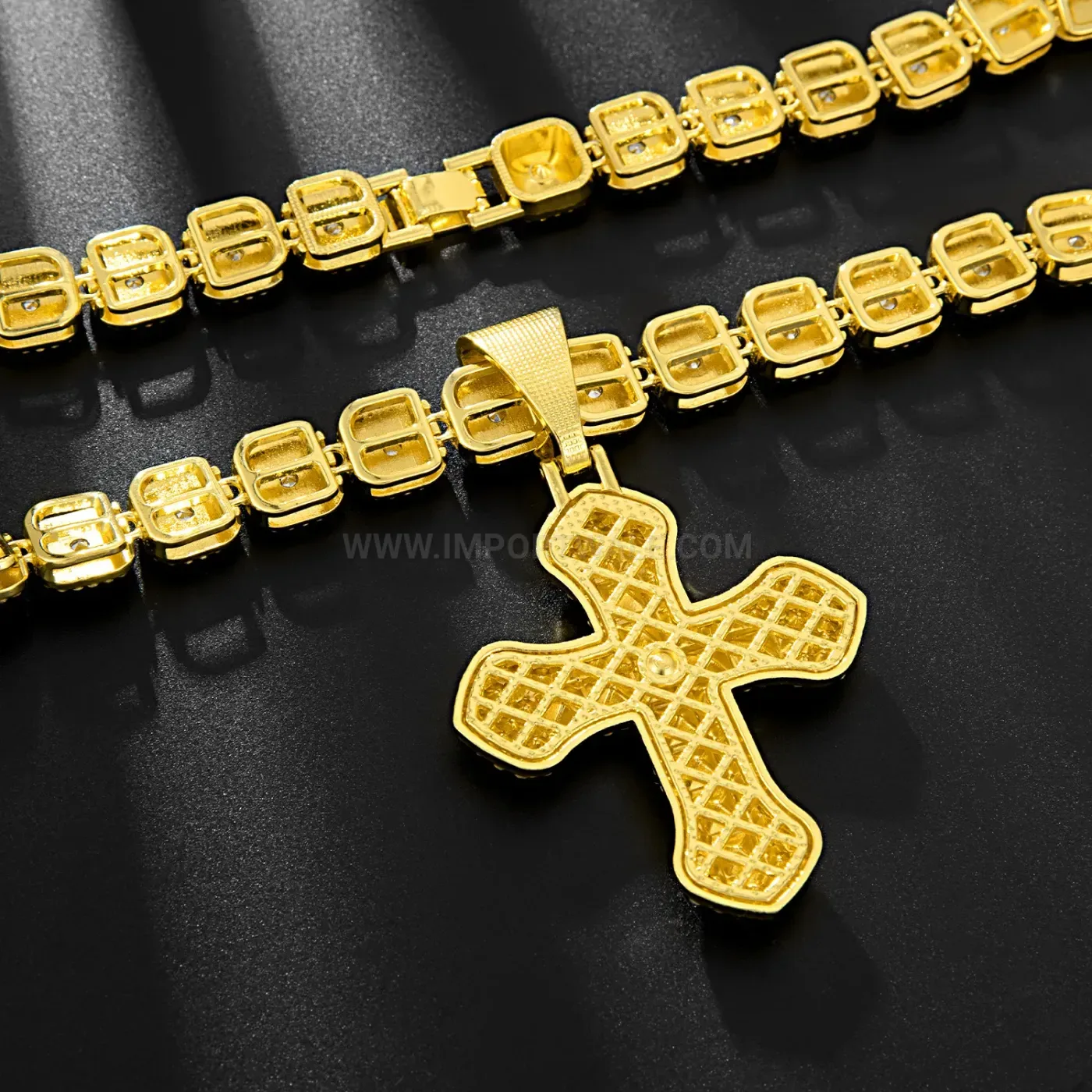 Stylish Layered Cross Square Crystal Cuban Pendant Necklace