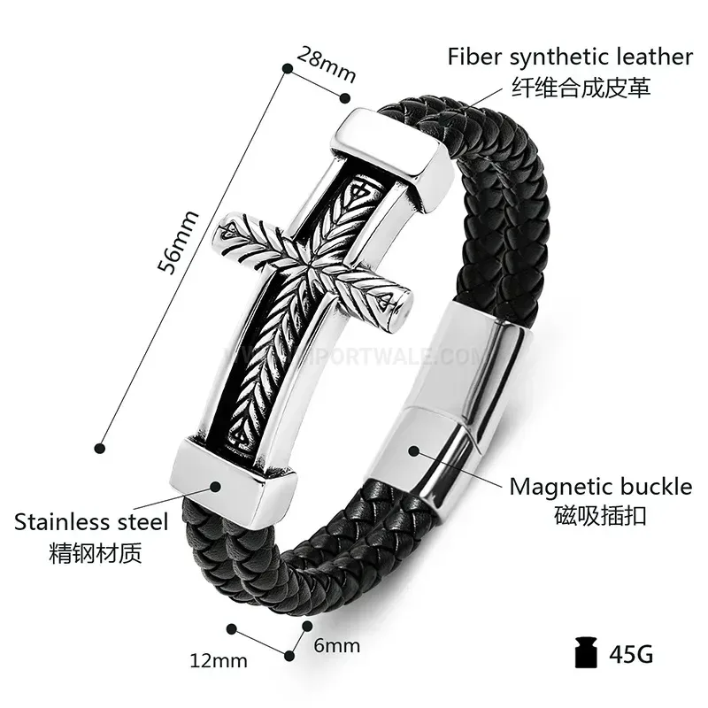 Elegant Cross Detail Two-Tone Woven Leather Men's Bracelet
