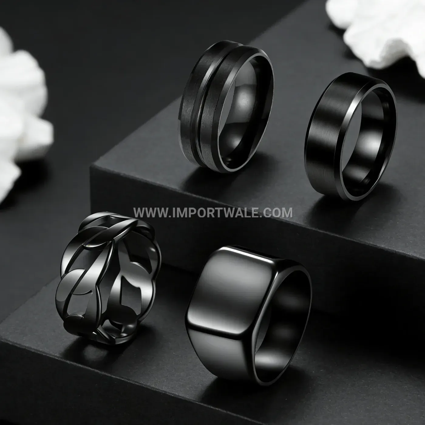 Men Black Stainless Steel Signet Ring Set