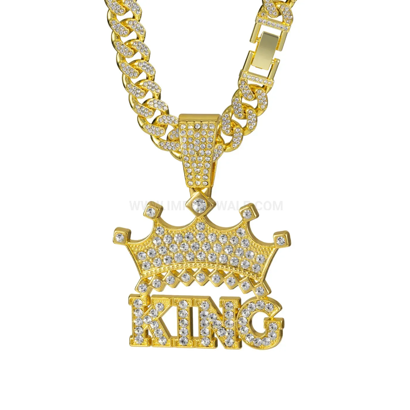 Full Rhinestone King Crown Alloy Hip Hop Pendant Necklace