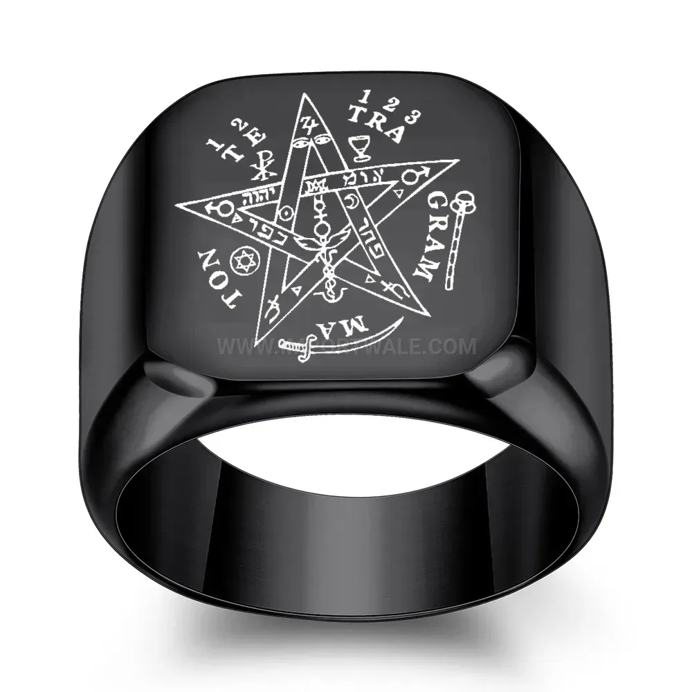 Trendy Engraved Star and Initial Stainless Steel Square Signet Ring