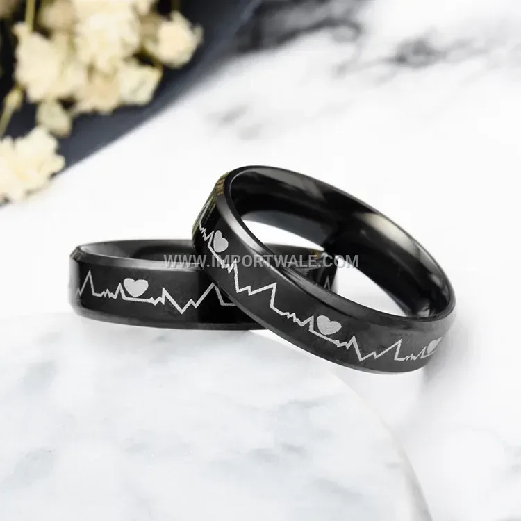 Black Heartbeat EKG Titanium Steel Band Ring