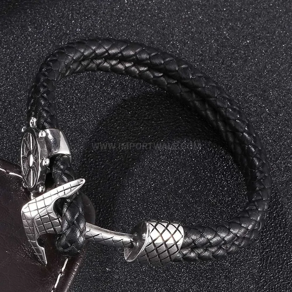 Braided Leather Anchor Charm Stainless Steel Cuff Bracelet