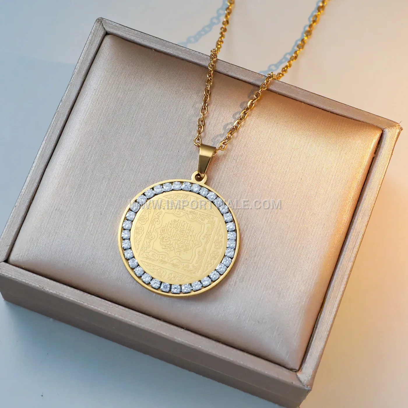 Gold Plated Stainless Steel Ayatul Kursi Zircon Pendant Necklace