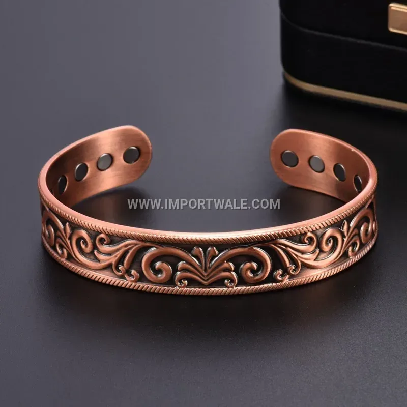 Vintage Vine Engraved Red Copper Adjustable Magnetic Therapy Bangle
