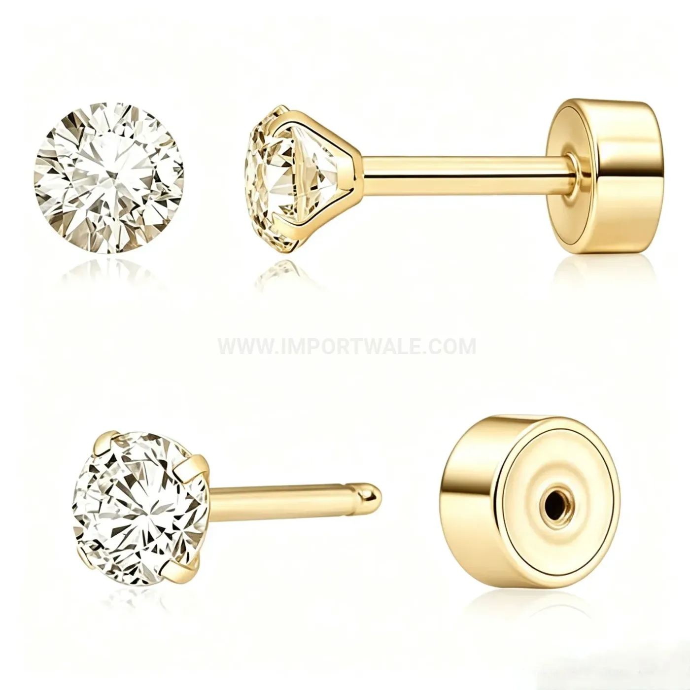 Trendy Four-Prong Zirconia Flat Back Stainless Steel Piercing Stud Earring