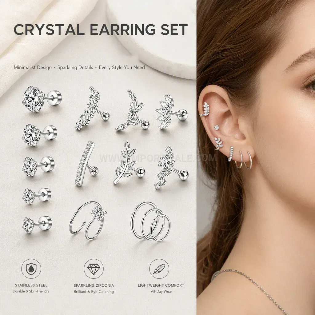 Elegant Rhinestone Flat Back Stainless Steel Screw Stud and Hoop Piercing Set