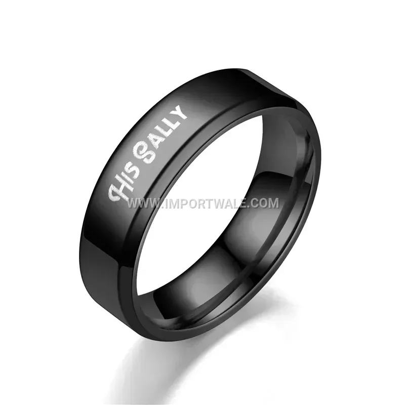 Beveled Edge Black Stainless Steel Engraved Couple Band Ring