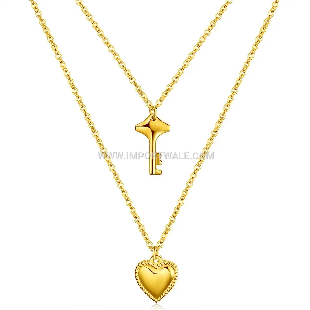 Chic Stainless Steel Heart and Key Pendant Layering Necklace