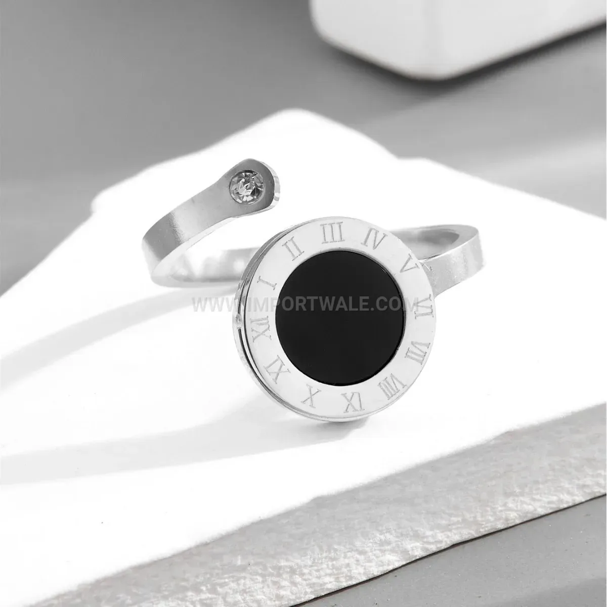 Open Adjustable Roman Numeral Shell Ring in Titanium Steel