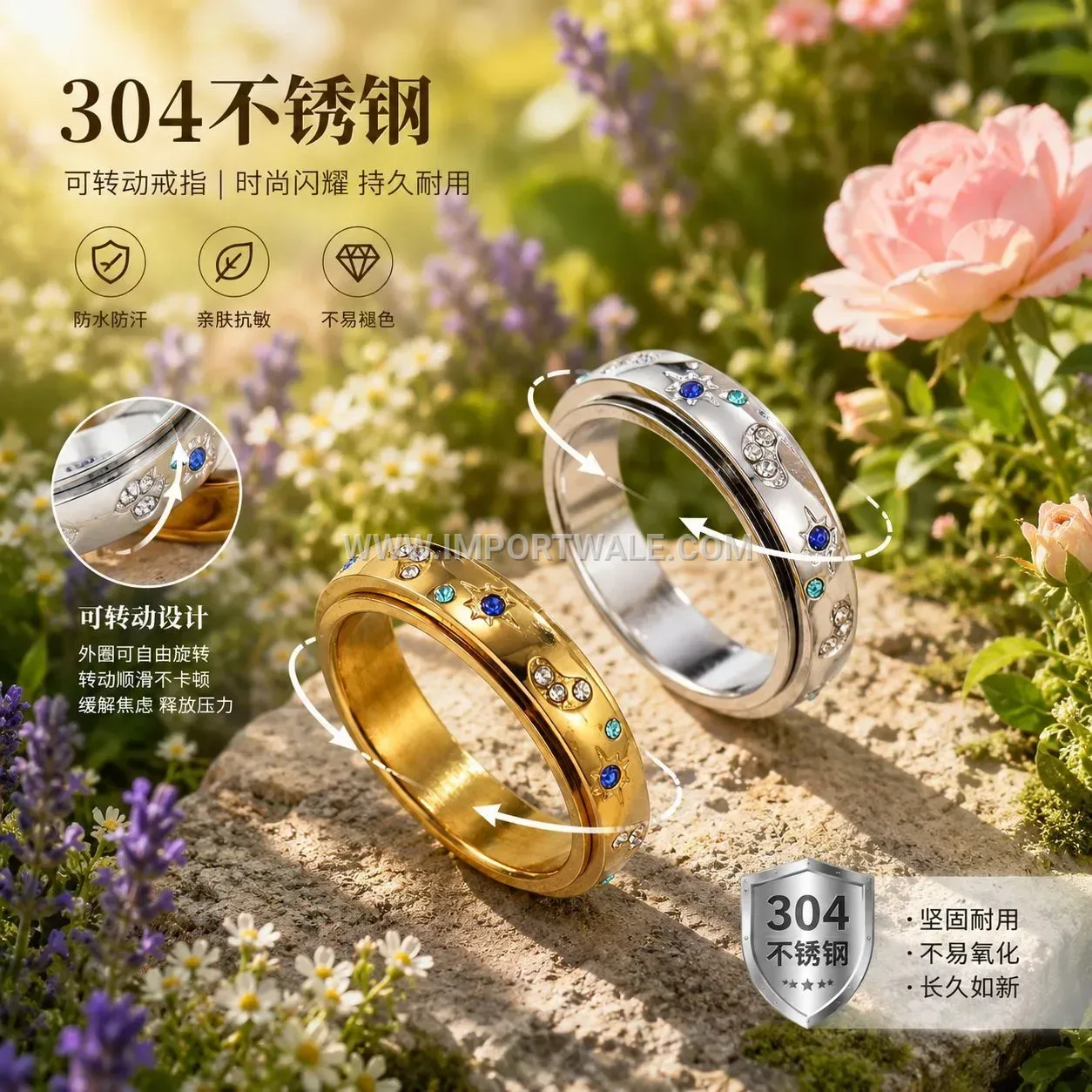 Multicolor Zircon Inlaid Stainless Steel Spinner Ring