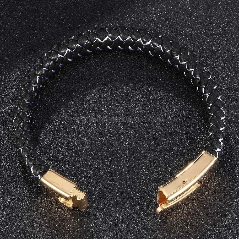 Braided Leather Wristband with Stainless Steel Snap Clasp