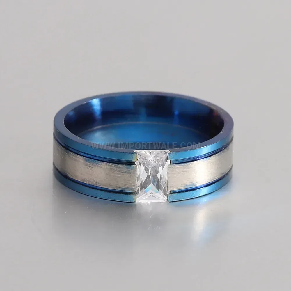Designer Two-Tone Blue Zircon Inlaid Stainless Steel Band Ring