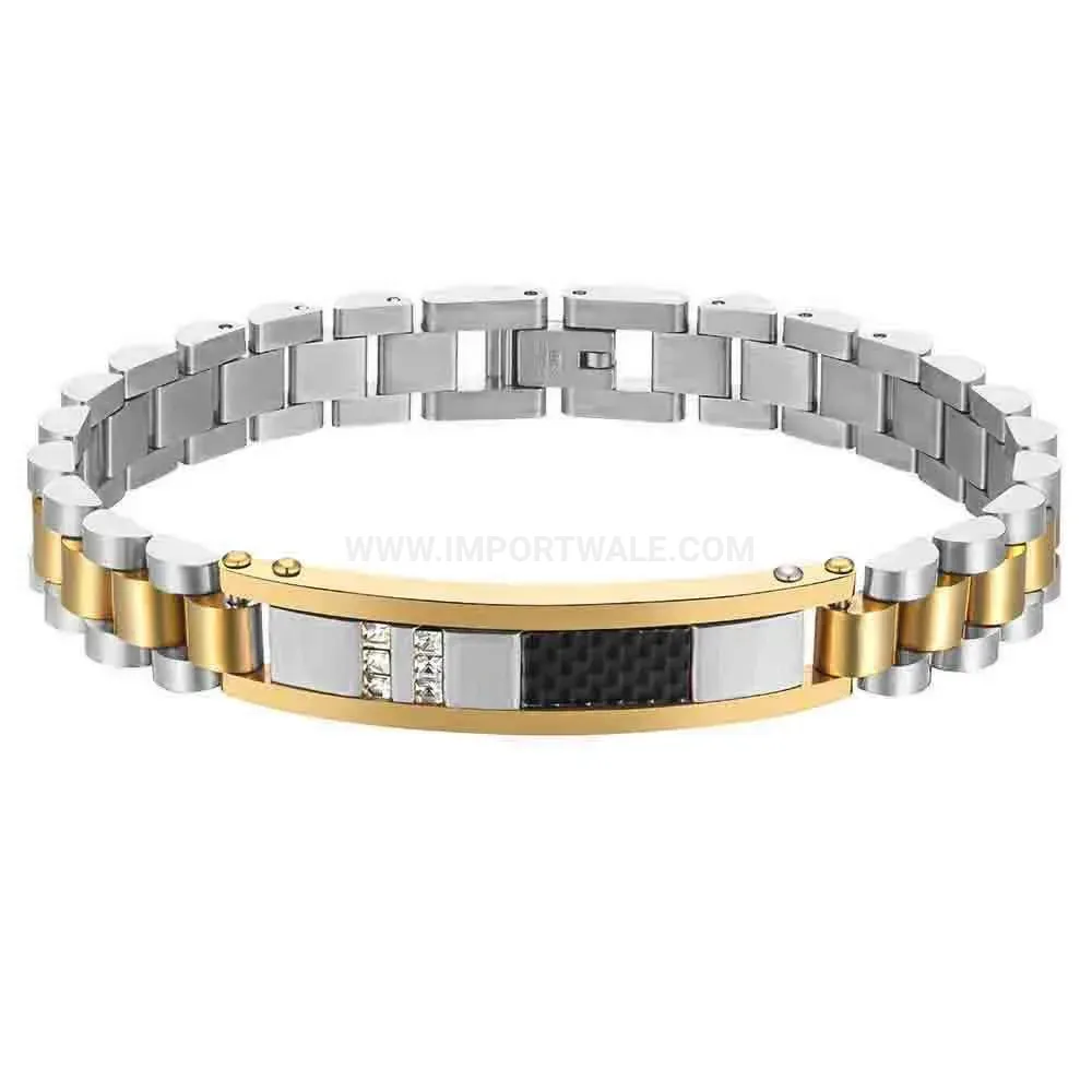 Rhinestone Carbon Fiber Curved Bar Stainless Steel Watchband Bracelet