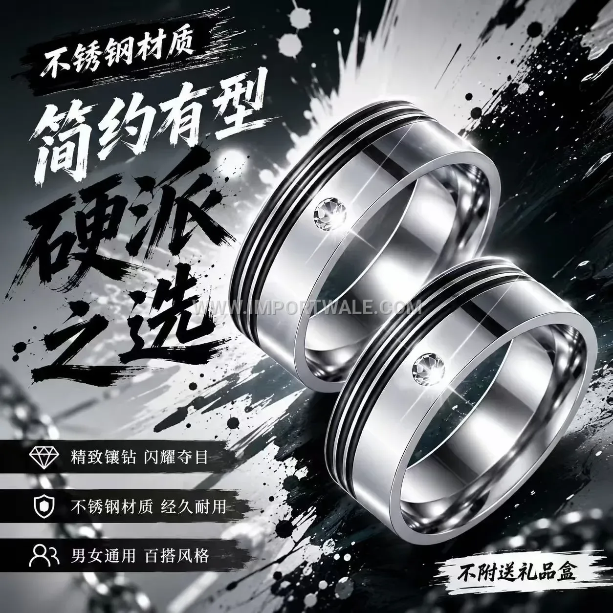 Grooved Stainless Steel Band Ring Inlaid with Cubic Zirconia