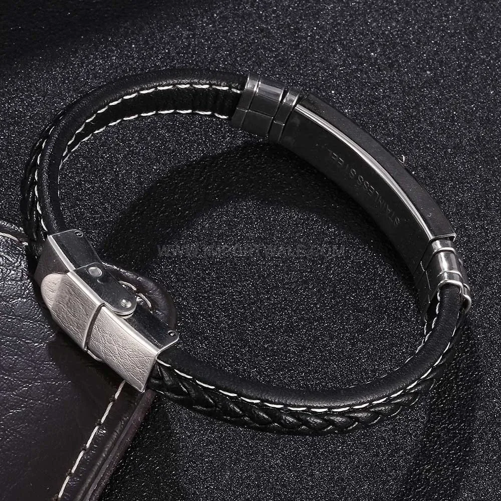 Anchor Accent Woven Leather Bracelet with Stainless Steel Detail