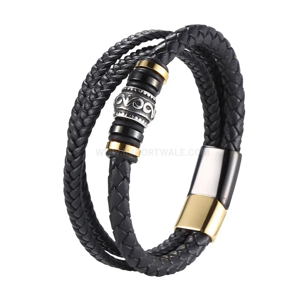 Multi-Strand Woven Leather and Stainless Steel Charm Bracelet