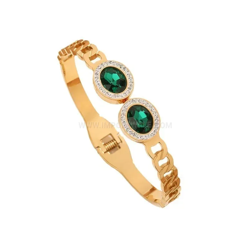 Trendy Oval Green Gemstone Gold-Plated Titanium Steel Bangle