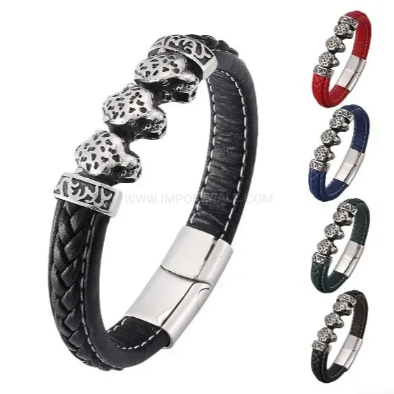 Classic Leopard Accent Leather Bracelet with Stainless Steel Magnetic Clasp