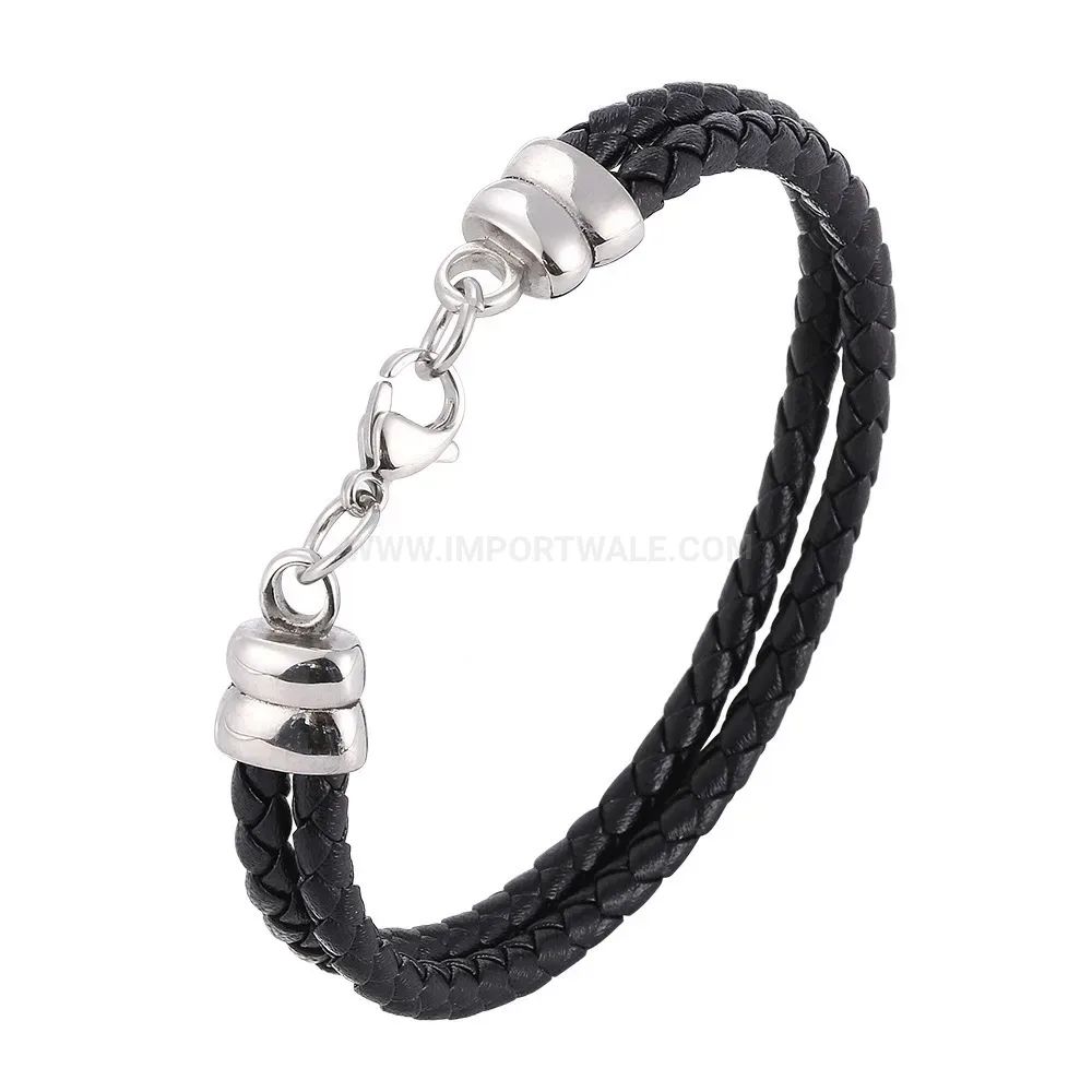 Multi-Strand Vintage Leather Wrap Bracelet in Stainless Steel