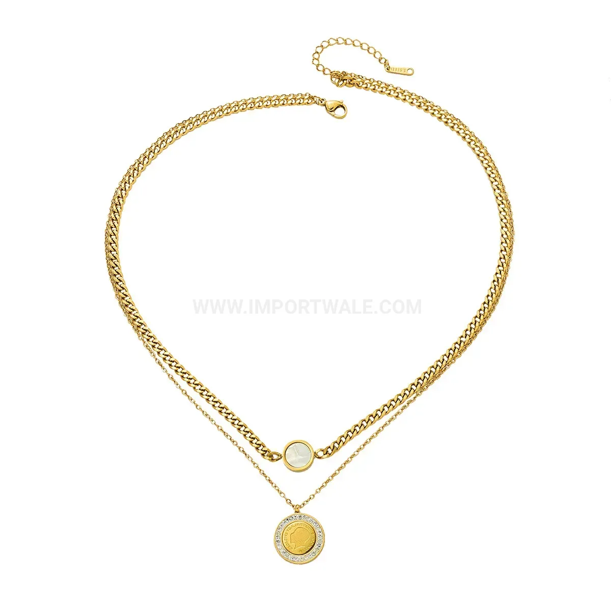 Gold Oval White Shell Portrait Stainless Steel Pendant Necklace
