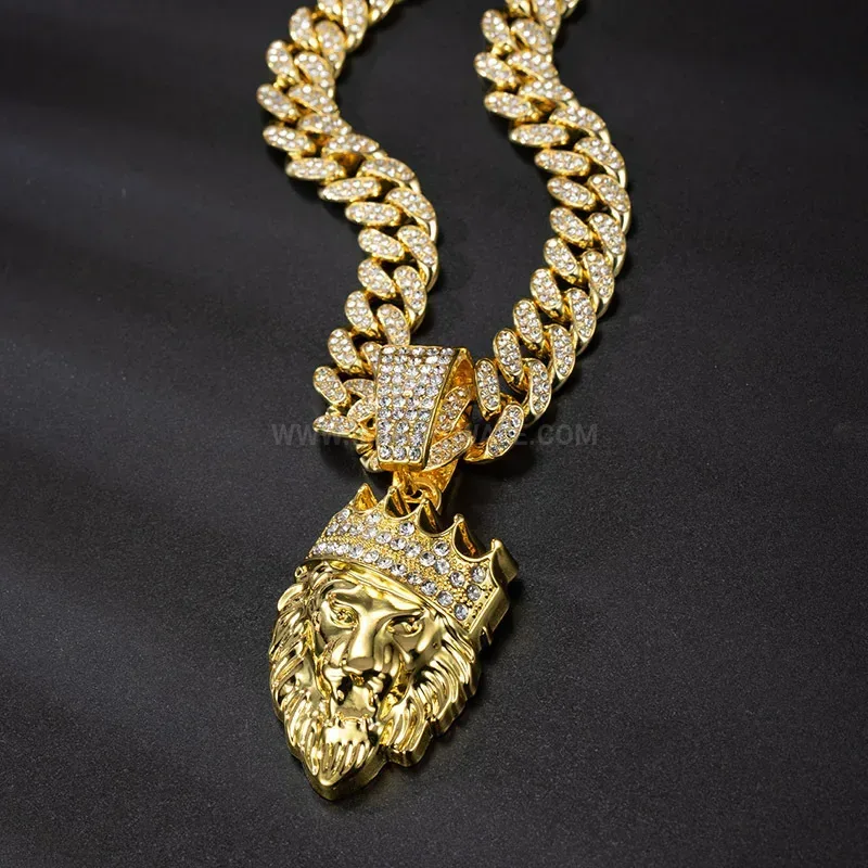 Rhinestone Crowned Lion Head Pendant Cuban Chain Necklace