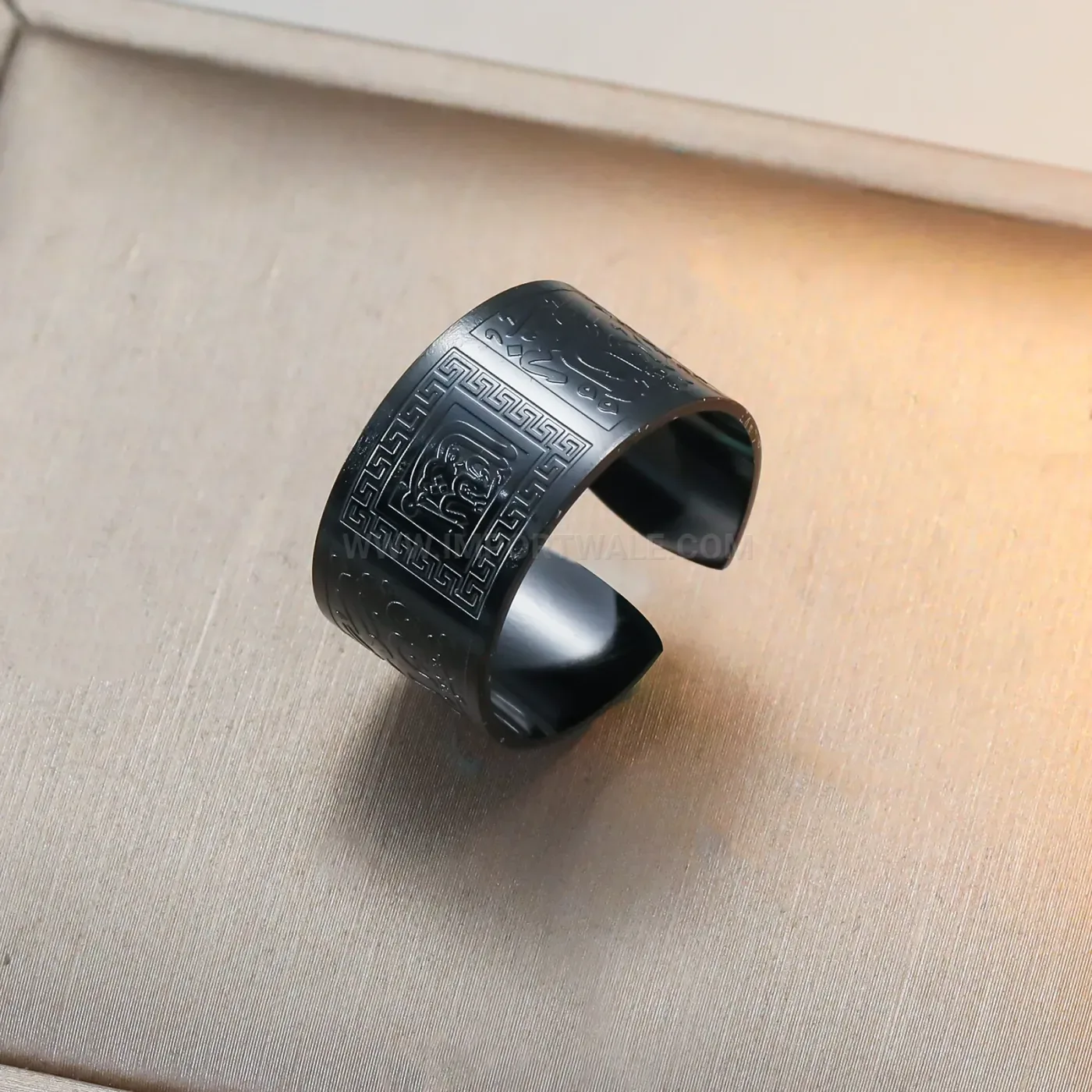 Modern Embossed Greek Key Meander Adjustable Stainless Steel Open Ring