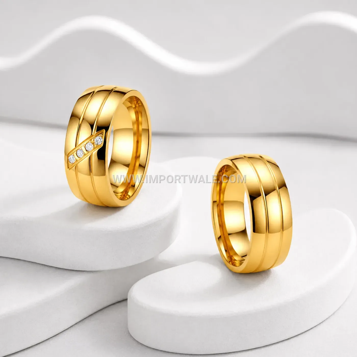 Wide Stainless Steel Double Groove Band Ring with Accented Rhinestones