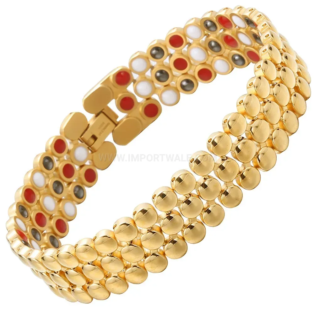 Trendy Triple-Row Gold Titanium Steel Bio Magnetic Bracelet