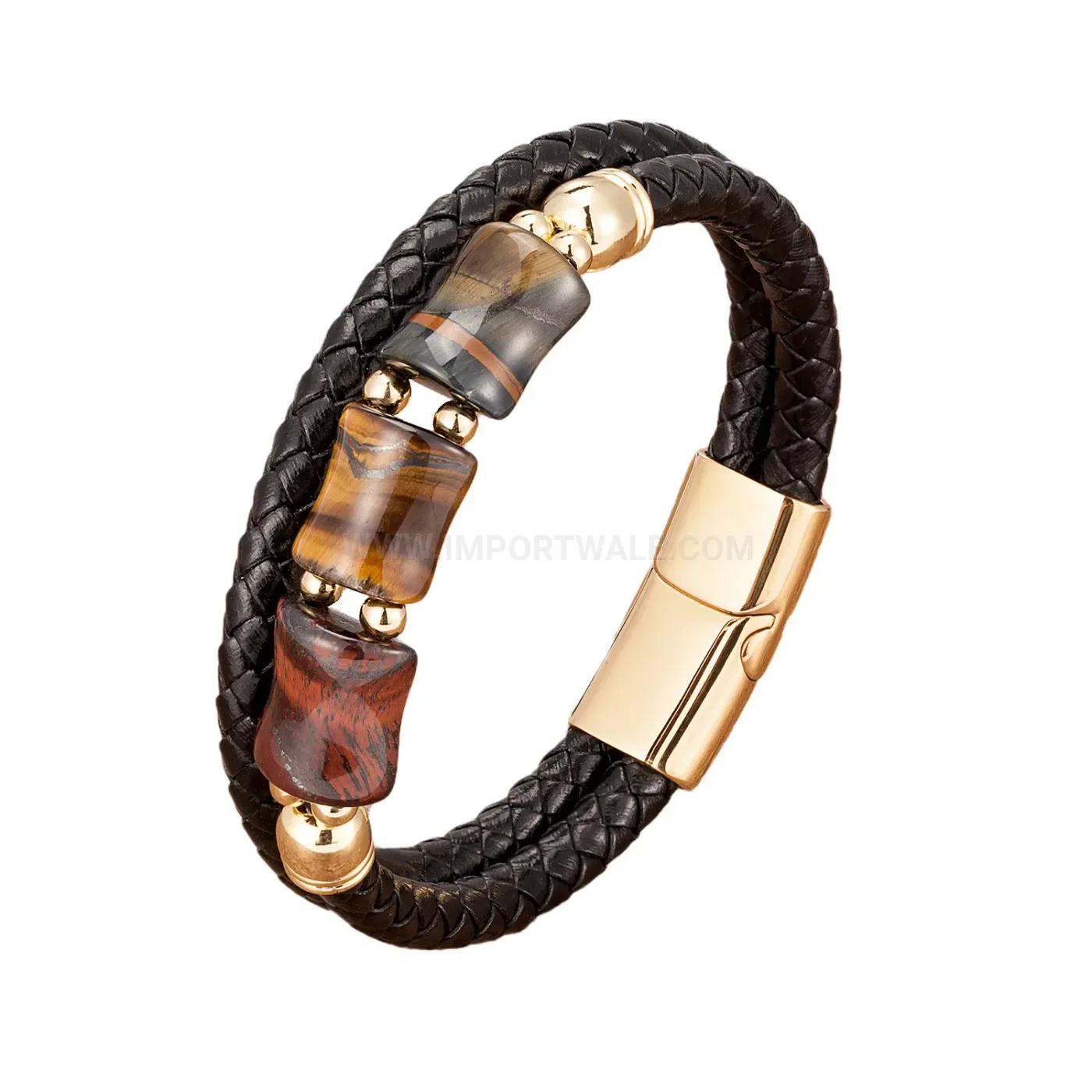 Handcrafted Woven Leather Tiger Eye Stone Stainless Steel Bracelet