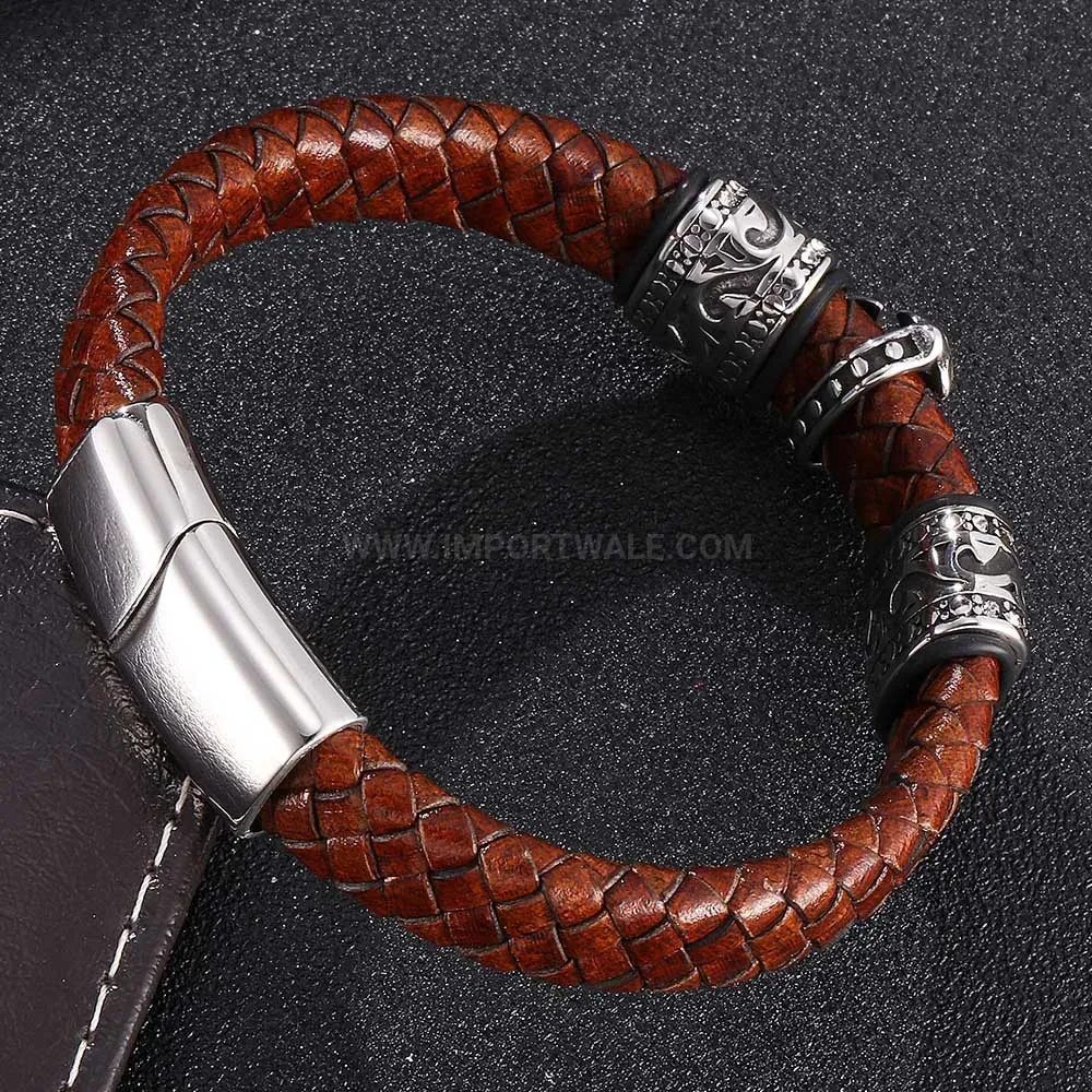 Stylish Brown Leather Stainless Steel Cross Bracelet