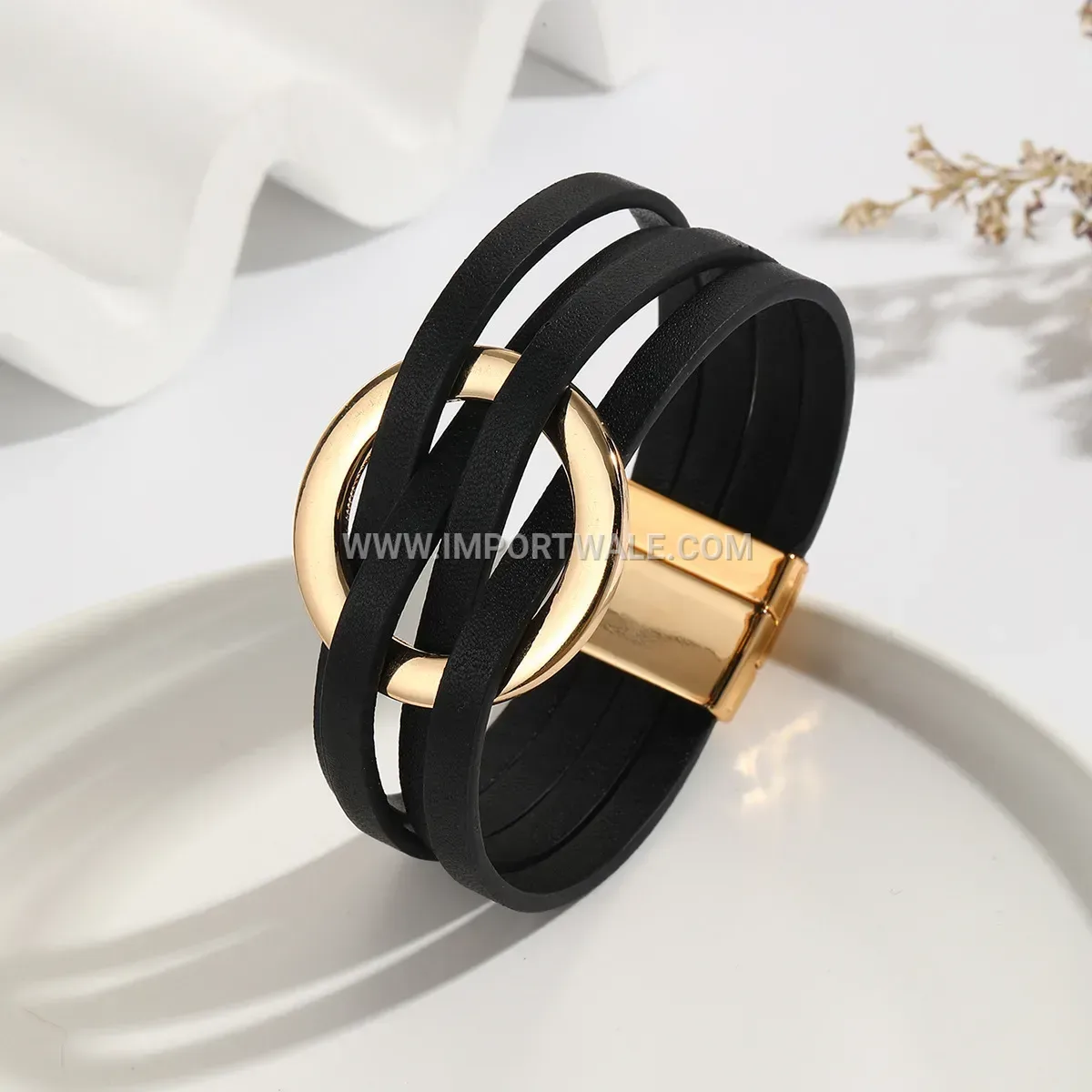 Layered Alloy and Leather Cuff Bracelet with O-Ring Clasp