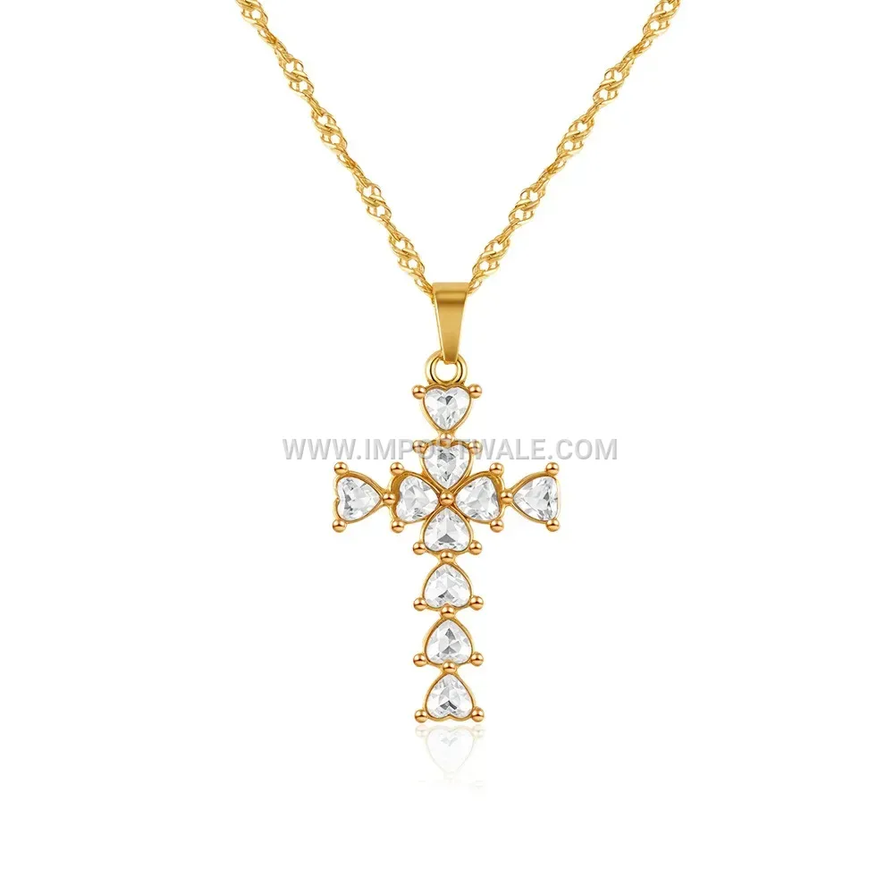 Gold Plated Stainless Steel Zircon Cross Pendant Necklace