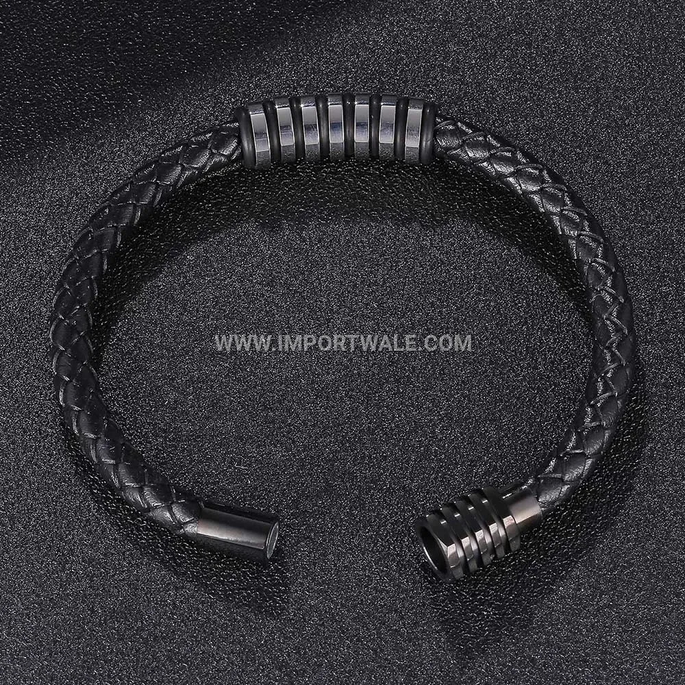 Woven Leather Wrap Bracelet With Stainless Steel Magnetic Clasp