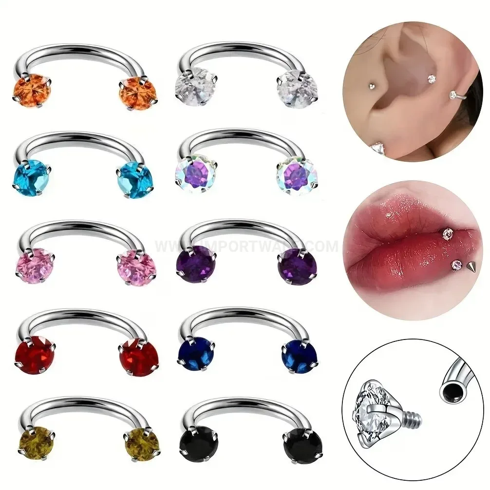 Colorful Zircon Double Studded C Shape Horseshoe Stainless Steel Piercing Ring