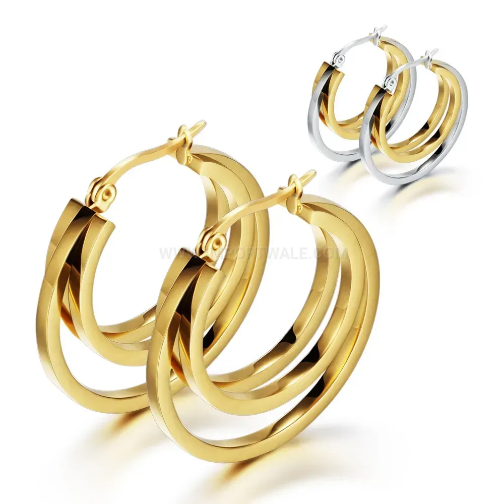 Bold Minimalist Two-Tone Hollow Cutout Stainless Steel Stud Earrings