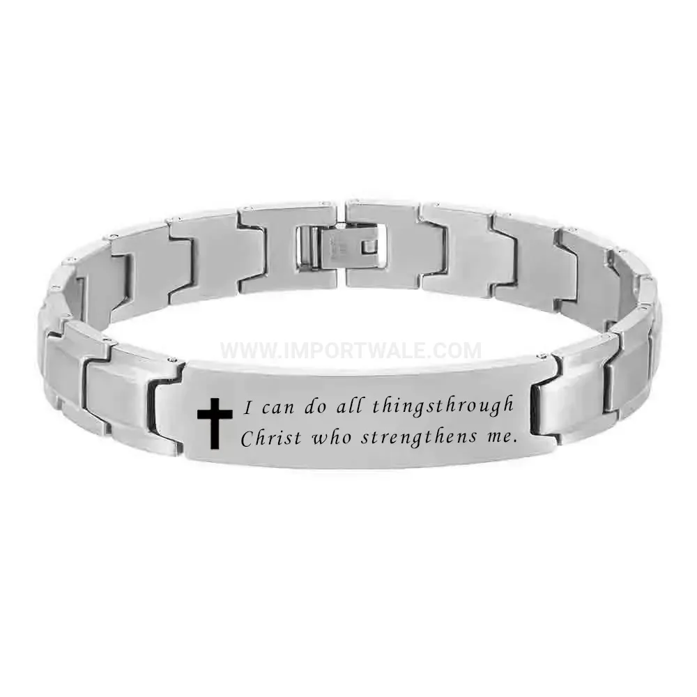 Polished 12mm Dual-Tone Stainless Steel Cross Engraved Link Bracelet