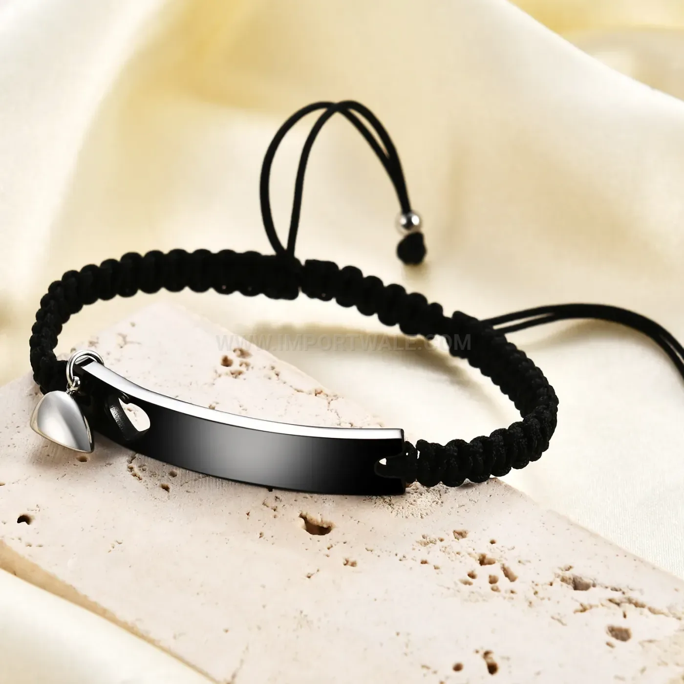 Engraved Stainless Steel Bar Woven Heart Magnetic Couple Bracelet Set