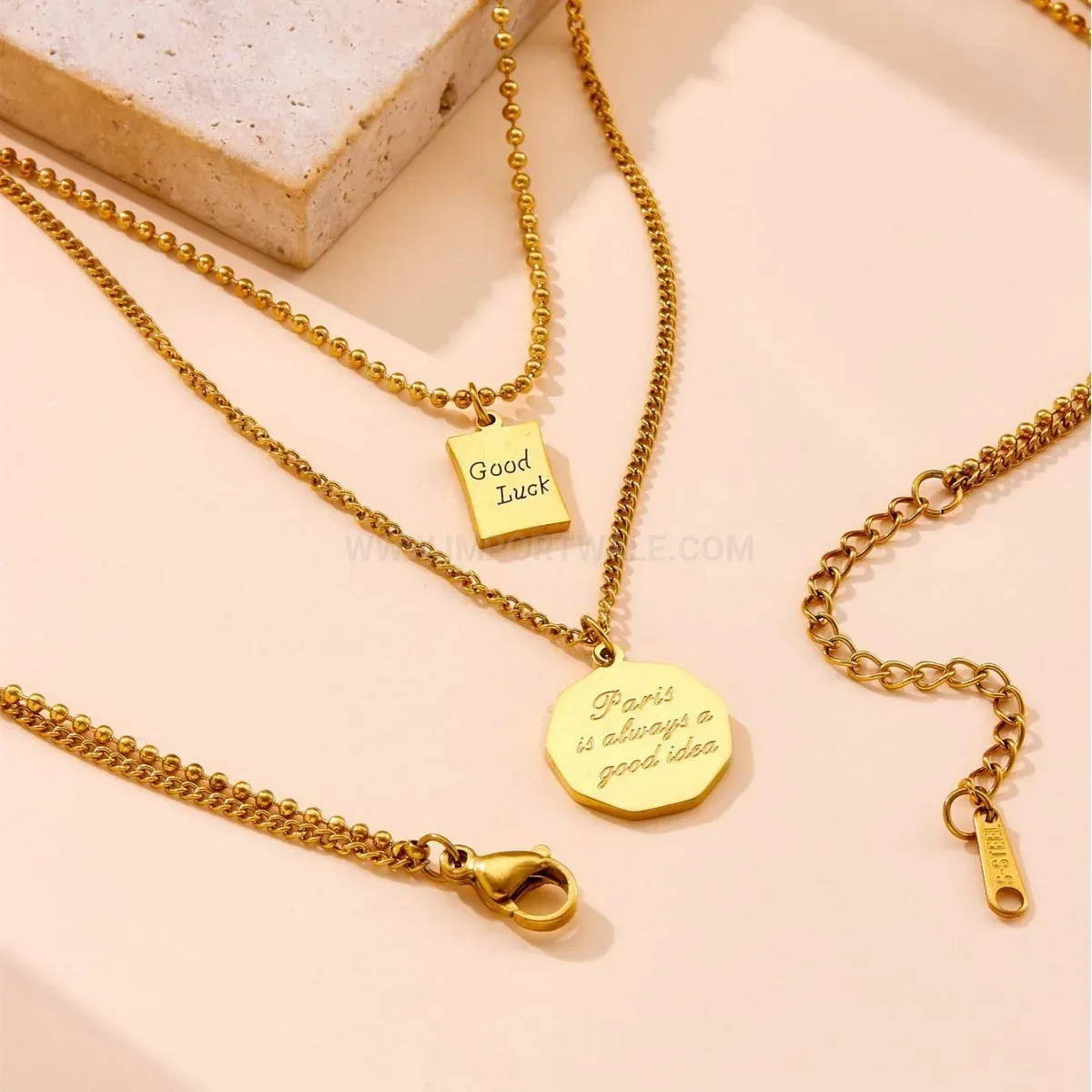 Trendy Double Layer Stainless Steel Pendant Necklace with Round and Square Tags