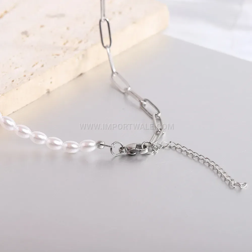 Faux Pearl Splicing Safety Pin Stainless Steel OT Clasp Necklace