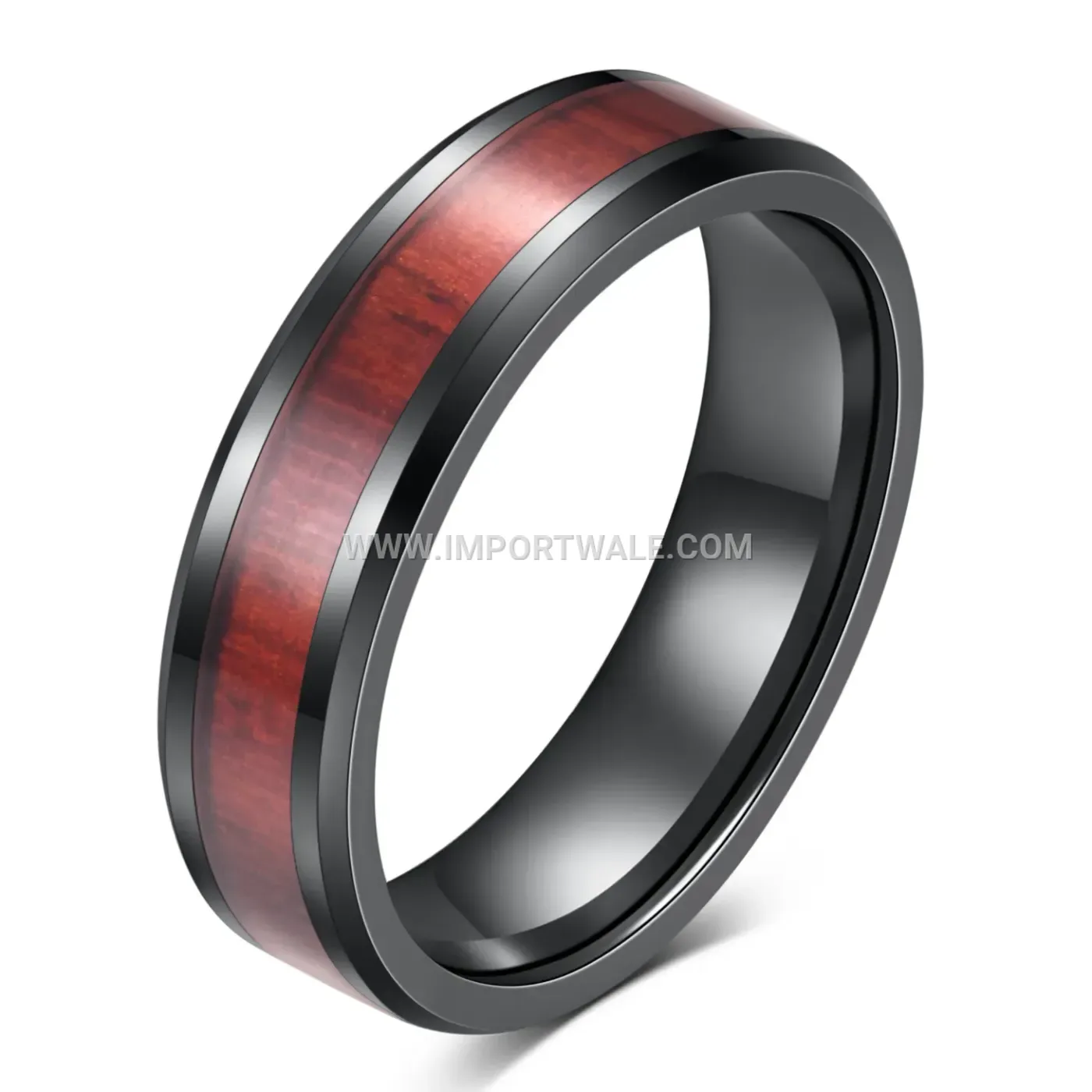Black Stainless Steel Wood Grain Band Ring
