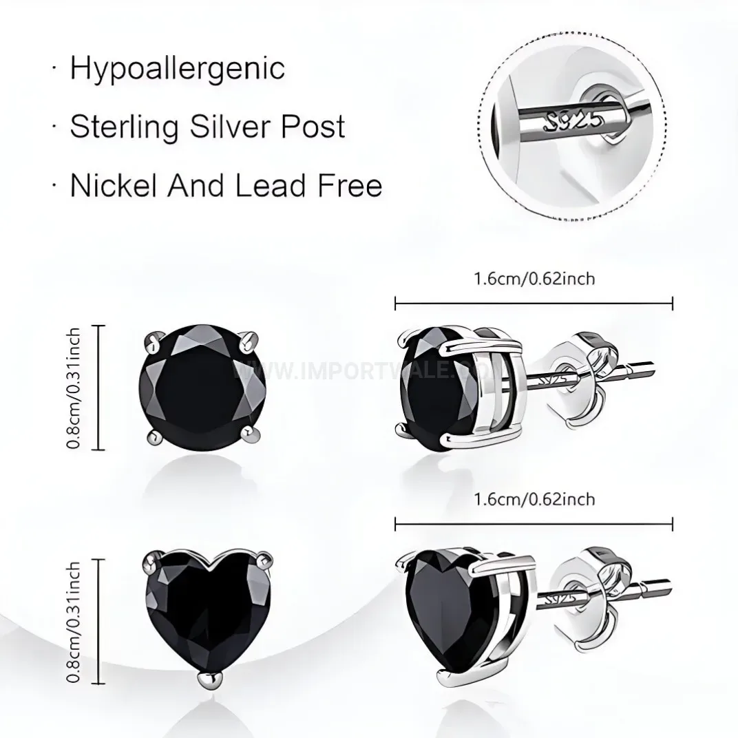 Trendy Stainless Steel Black Gemstone Heart and Round Piercing Stud Earrings Set