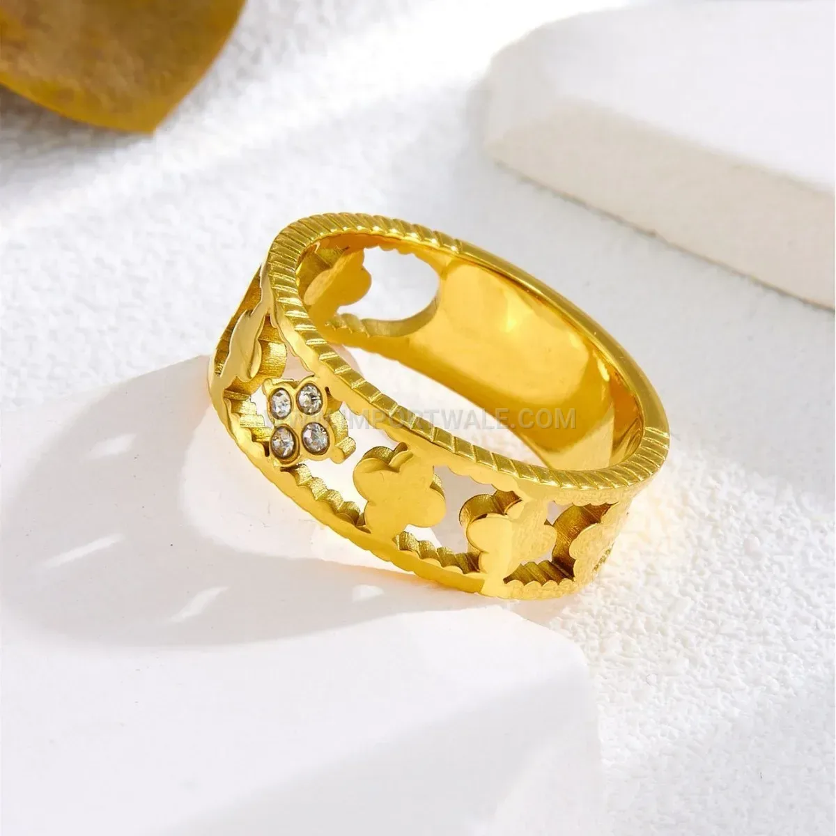 Gold Titanium Steel Floral Cubic Zirconia Hollow Four Leaf Clover Ring
