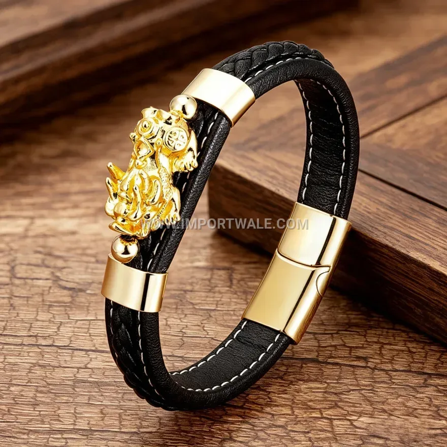 Woven Leather Bracelet with Metallic Pixiu Charm Accents