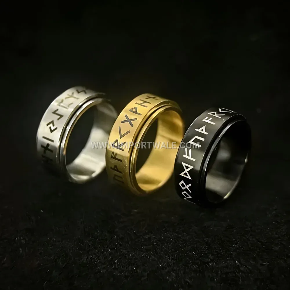 Rotating Viking Inscribed Stainless Steel Band Ring