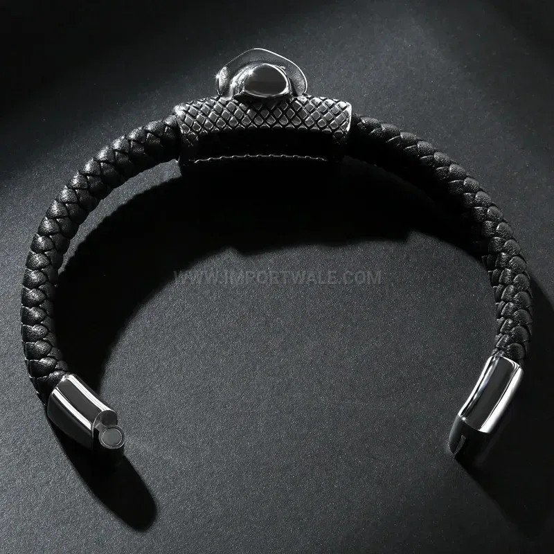 Textured Microfiber Leather Strap Bracelet with Stainless Steel Hooded Skull