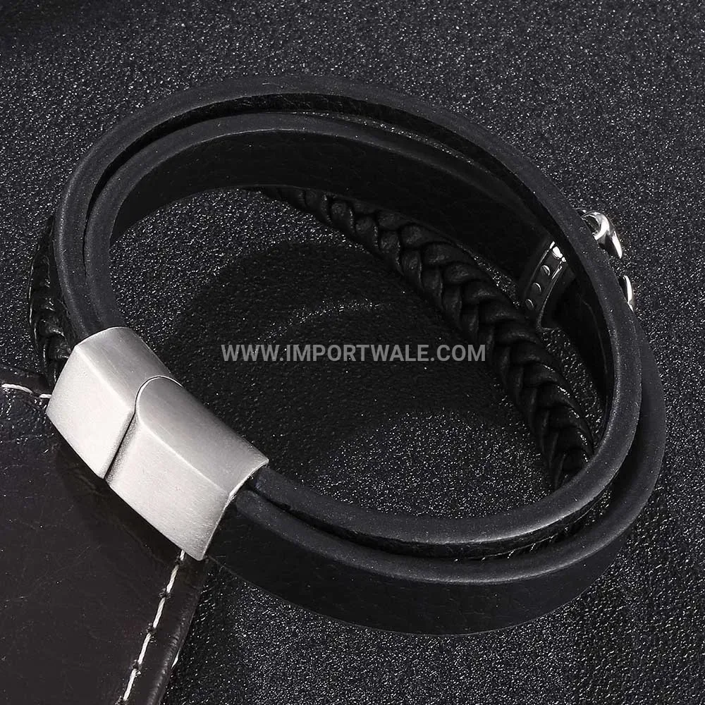 Braided Leather Multi Strand Bracelet with Stainless Steel Cross Clasp