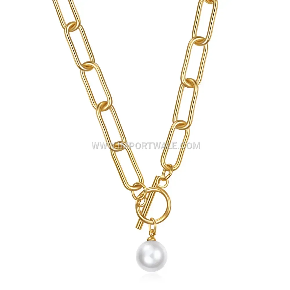 Minimalist Stainless Steel Safety Pin Necklace with Faux Pearl Pendant