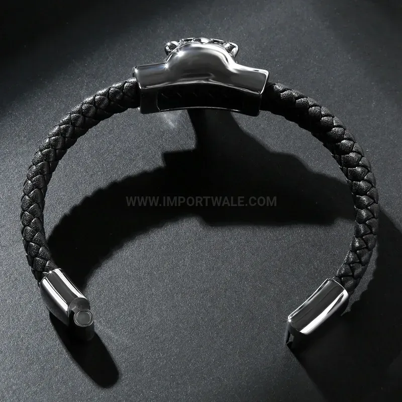 Elegant Fierce Wolf Motif Leather Stainless Steel Men Bracelet