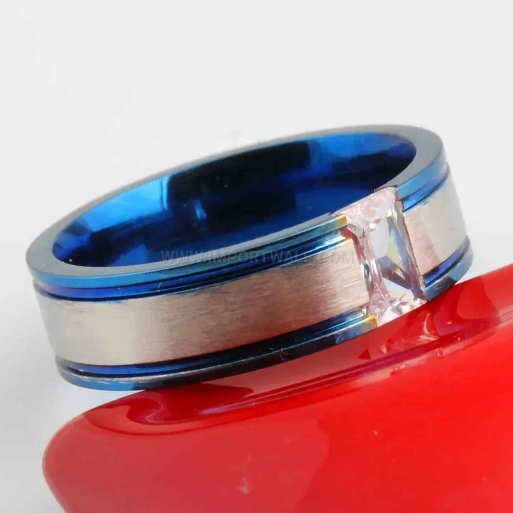 Designer Two-Tone Blue Zircon Inlaid Stainless Steel Band Ring